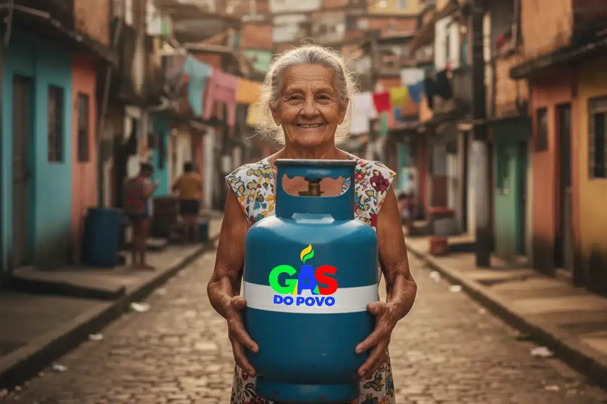 beneficiaria idosa gas do povo 2026 Senhora idosa de cabelos grisalhos sorrindo enquanto segura um botijão de gás azul com o logotipo "Gás do Povo", em uma rua estreita de uma comunidade.