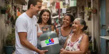 Um rapaz jovem entrega um botijão de gás cinza com o selo colorido "Gás do Povo" para uma senhora idosa sorridente em uma rua residencial de comunidade.