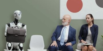 Robô sentado entre profissionais humanos em sala de espera, simbolizando o impacto da inteligência artificial em profissões tradicionais.