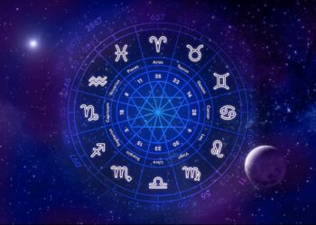 Roda do zodíaco com símbolos dos signos em fundo azul com estrelas e planeta roxo