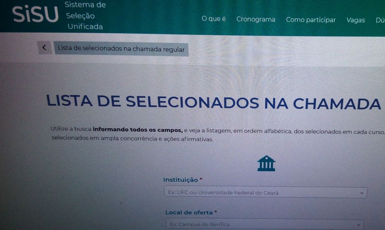 Tela do portal Sisu 2026 disponível no sistema do MEC para consulta por instituição e curso.