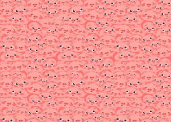 Teste visual com muitos rostos de porquinhos cor-de-rosa felizes, com grandes olhos e bochechas rosadas