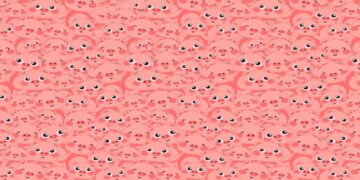 Teste visual com muitos rostos de porquinhos cor-de-rosa felizes, com grandes olhos e bochechas rosadas