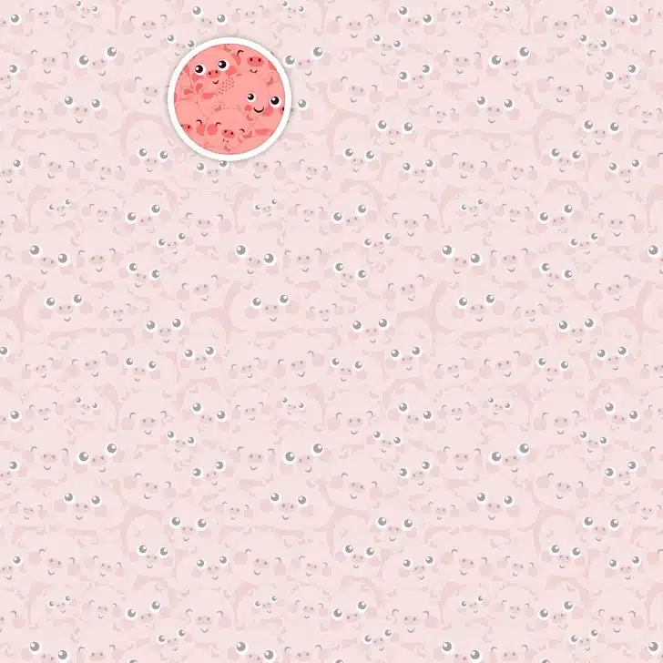 Encontre a baleia escondida no padrão repetitivo de rostos de porquinhos cor-de-rosa. Teste visual com muitos rostos de porquinhos cor-de-rosa felizes, com grandes olhos e bochechas rosadas