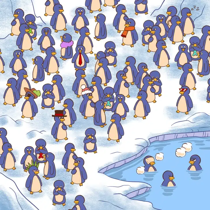 Encontre a xícara de chocolate entre vários pinguins. Teste visual com uma ilustração de vários pinguins; alguns usam acessórios engraçados no gelo