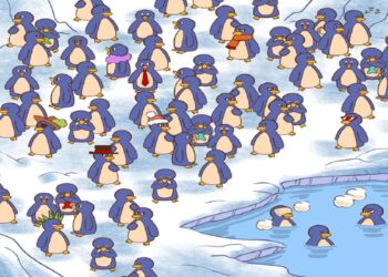 Teste visual com uma ilustração de vários pinguins; alguns usam acessórios engraçados no gelo