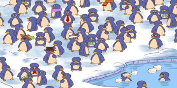 Teste visual com uma ilustração de vários pinguins; alguns usam acessórios engraçados no gelo