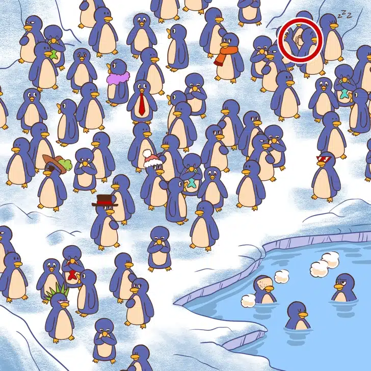 Encontre o pinguim com a xícara de chocolate entre vários pinguins Teste visual com uma ilustração de vários pinguins; alguns usam acessórios engraçados no gelo