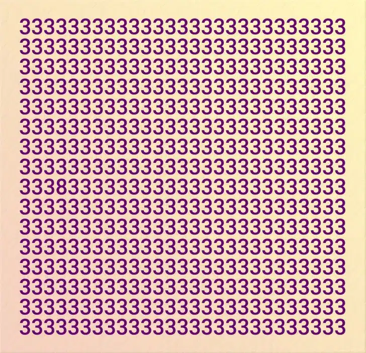 Encontre o número diferente escondido entre tantos 3. Teste visual com vários números 3 em roxo sobre fundo claro