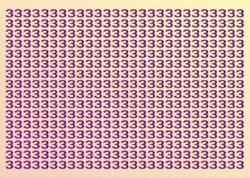 Teste visual com vários números 3 em roxo sobre fundo claro