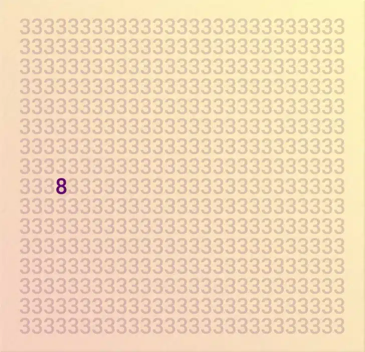 Encontre o número diferente entre vários 3 Teste visual com vários números 3 em roxo sobre fundo claro