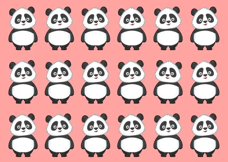 Encontre o panda diferente no desafio visual com 18 pandas. Teste visual com uma ilustração de 18 pandas organizados em três linhas sobre um fundo rosa, com uma variação para ser encontrada.