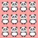 Teste visual com uma ilustração de 18 pandas organizados em três linhas sobre um fundo rosa, com uma variação para ser encontrada.