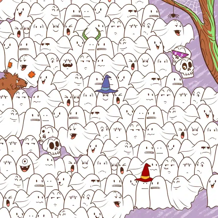 Ache o urso escondido entre a multidão de fantasmas. Teste visual com uma ilustração de vários fantasmas desenhados, com um urso escondido entre eles.
