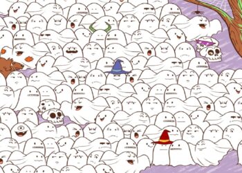 Teste visual com uma ilustração de vários fantasmas desenhados, com um urso escondido entre eles.