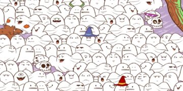 Teste visual com uma ilustração de vários fantasmas desenhados, com um urso escondido entre eles.