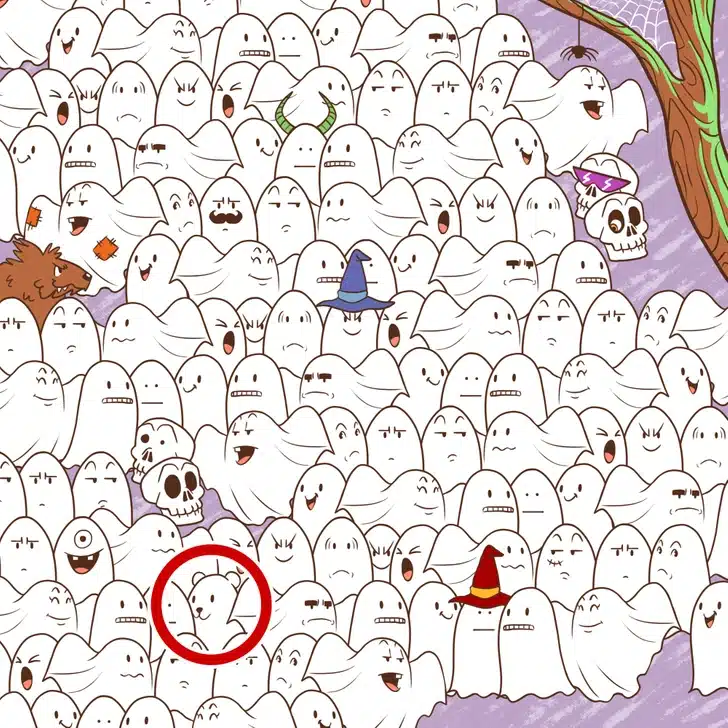 Encontre o urso entre os fantasmas de halloween Teste visual com uma ilustração de vários fantasmas desenhados, com um urso escondido entre eles.