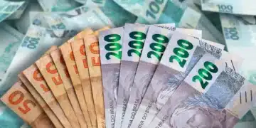 Pessoa segurando cédulas de R$100 e R$200, simbolizando salários e aposentadorias.