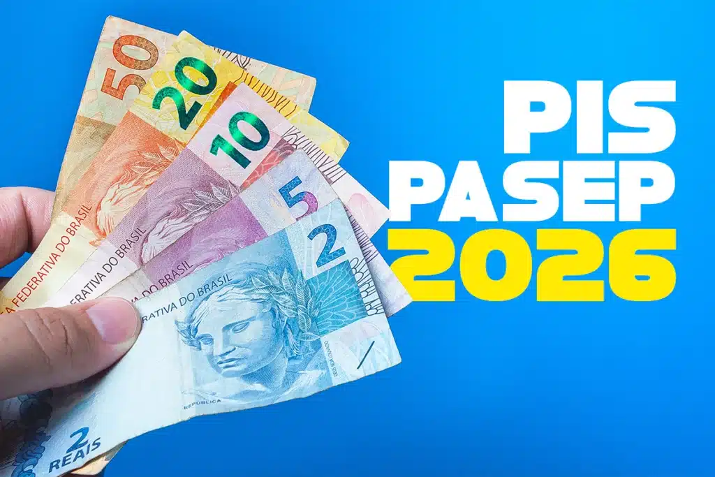Valor projetado do PIS/PASEP 2026 Notas de diferentes valores com o texto PIS/PASEP 2026, ilustrando o valor do abono salarial projetado.