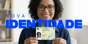 Mulher com óculos segura nova carteira de identidade e sorri em ambiente doméstico iluminado