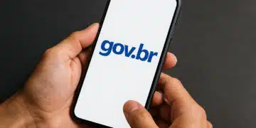 Pessoa segurando um smartphone com a tela exibindo o logo do gov.br.
