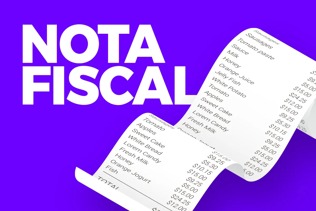 Recibo com lista de compras e fundo roxo destacado Rolo de nota fiscal detalhando produtos e valores sobre fundo roxo vibrante