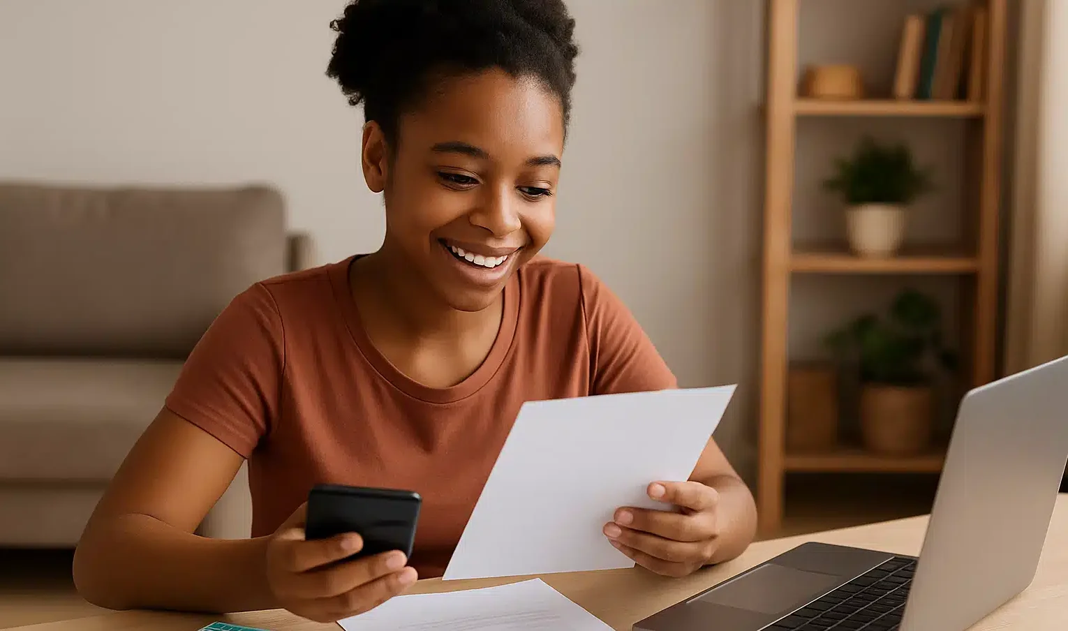 Jovem conferindo pagamento estudantil de R$ 1.200 em 2026 Estudante sorridente analisa extrato em papel com celular ao lado de laptop e notas sobre mesa