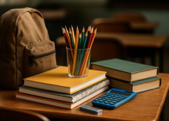 Livros, cadernos, lápis, mochila e calculadora sobre mesa escolar representando o Auxílio Material Escolar 2026