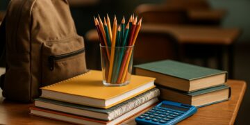 Livros, cadernos, lápis, mochila e calculadora sobre mesa escolar representando o Auxílio Material Escolar 2026
