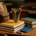 Livros, cadernos, lápis, mochila e calculadora sobre mesa escolar representando o Auxílio Material Escolar 2026