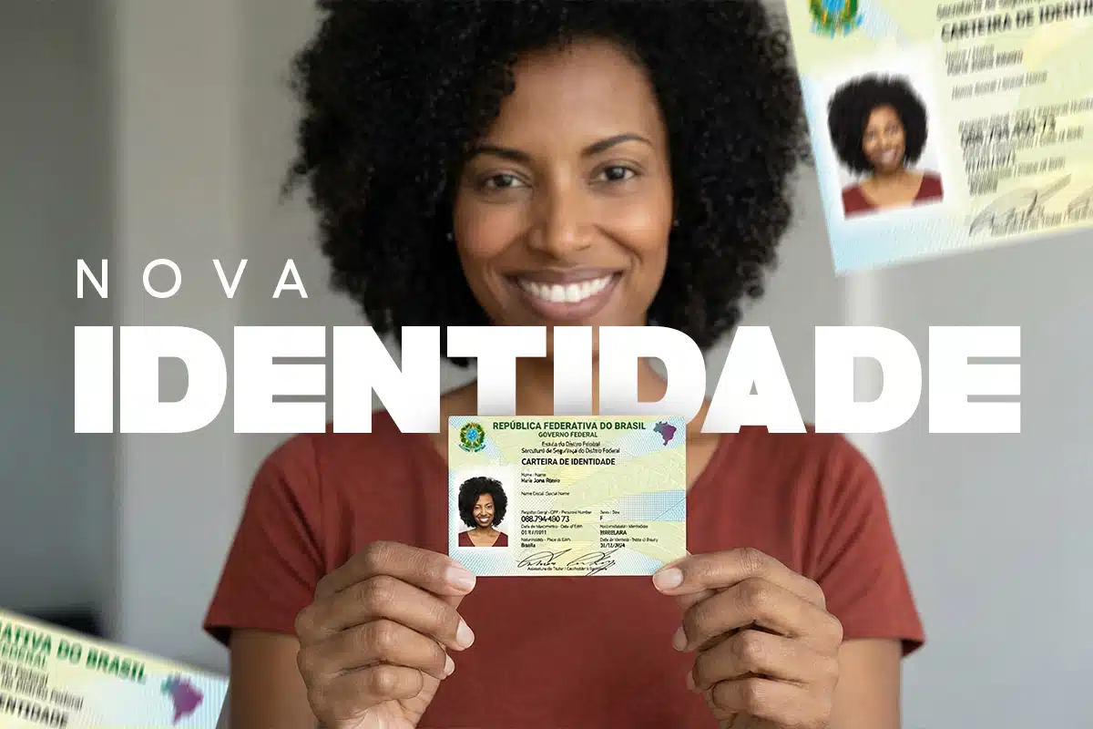 Como solicitar a primeira via gratuita da Carteira de Identidade Nacional Mulher segurando a nova Carteira de Identidade Nacional enquanto aparece a palavra identidade ao fundo