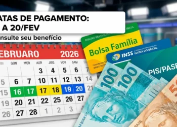 Cartões do Bolsa Família, INSS e PIS/Pasep sobre notas de reais ao lado de calendário marcando 16 a 20 de fevereiro de 2026.