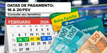 Cartões do Bolsa Família, INSS e PIS/Pasep sobre notas de reais ao lado de calendário marcando 16 a 20 de fevereiro de 2026.