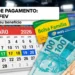 Cartões do Bolsa Família, INSS e PIS/Pasep sobre notas de reais ao lado de calendário marcando 16 a 20 de fevereiro de 2026.