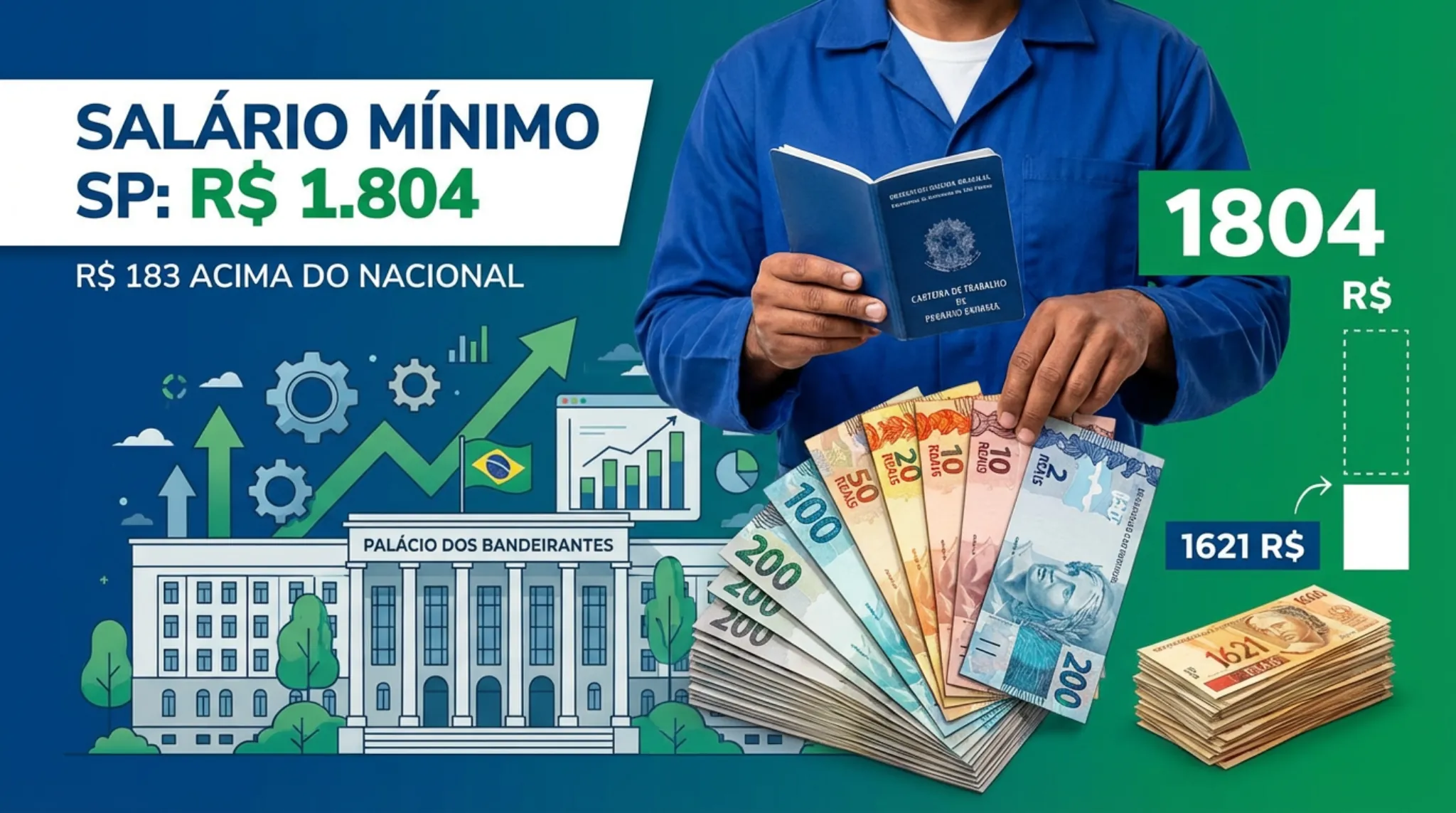 Trabalhador compara valor do salário mínimo paulista e nacional em 2026. Operário segura carteira de trabalho e cédulas diante de gráficos sobre diferença salarial em 2026.