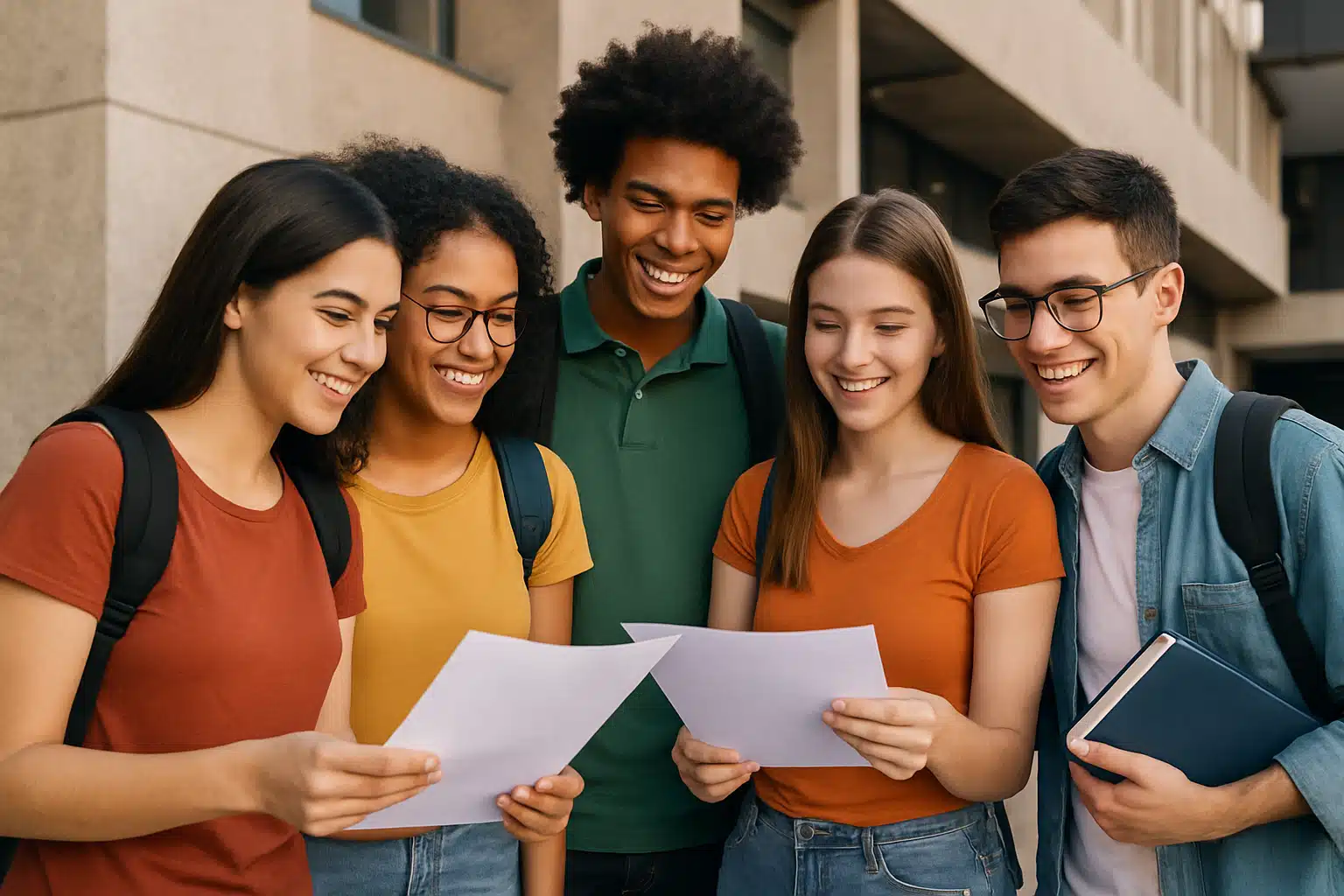 Grupo de estudantes celebra início do Pé-de-Meia Licenciaturas Jovens sorrindo ao examinar folhas impressas juntos na entrada de uma instituição