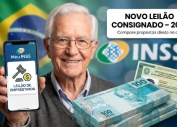 Casal de idosos segurando celular com o logotipo do INSS na tela para acessar o sistema do consignado.
