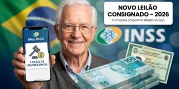 Casal de idosos segurando celular com o logotipo do INSS na tela para acessar o sistema do consignado.