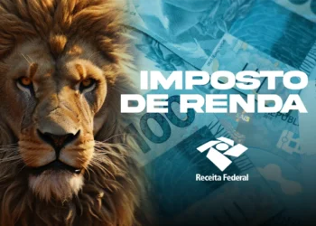 Ilustração do leão do Imposto de Renda com cédulas de real e símbolo da Receita Federal, representando a liberação do lote da malha fina.