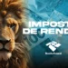 Ilustração do leão do Imposto de Renda com cédulas de real e símbolo da Receita Federal, representando a liberação do lote da malha fina.