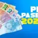 Mão segura cédulas de real diante de fundo azul com destaque para PIS/Pasep 2026, simbolizando o início do pagamento do abono salarial.