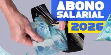 Mãos segurando carteira preta aberta com notas de R$ 100 e texto Abono Salarial 2026 ao lado.
