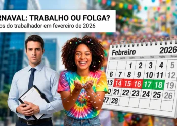 Homem de terno sério ao lado de mulher sorrindo com confetes e calendário de fevereiro de 2026 em destaque.