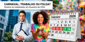Homem de terno sério ao lado de mulher sorrindo com confetes e calendário de fevereiro de 2026 em destaque.