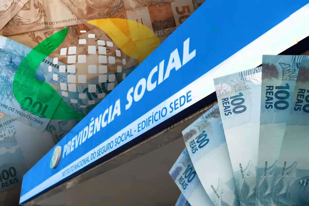 Fachada da Previdência Social e notas de reais em destaque financeiro Imagem ilustrativa do INSS com dinheiro em notas de cem reais, destacando a retomada do Meu INSS e a atualização do simulador de aposentadoria para cidadãos brasileiros.