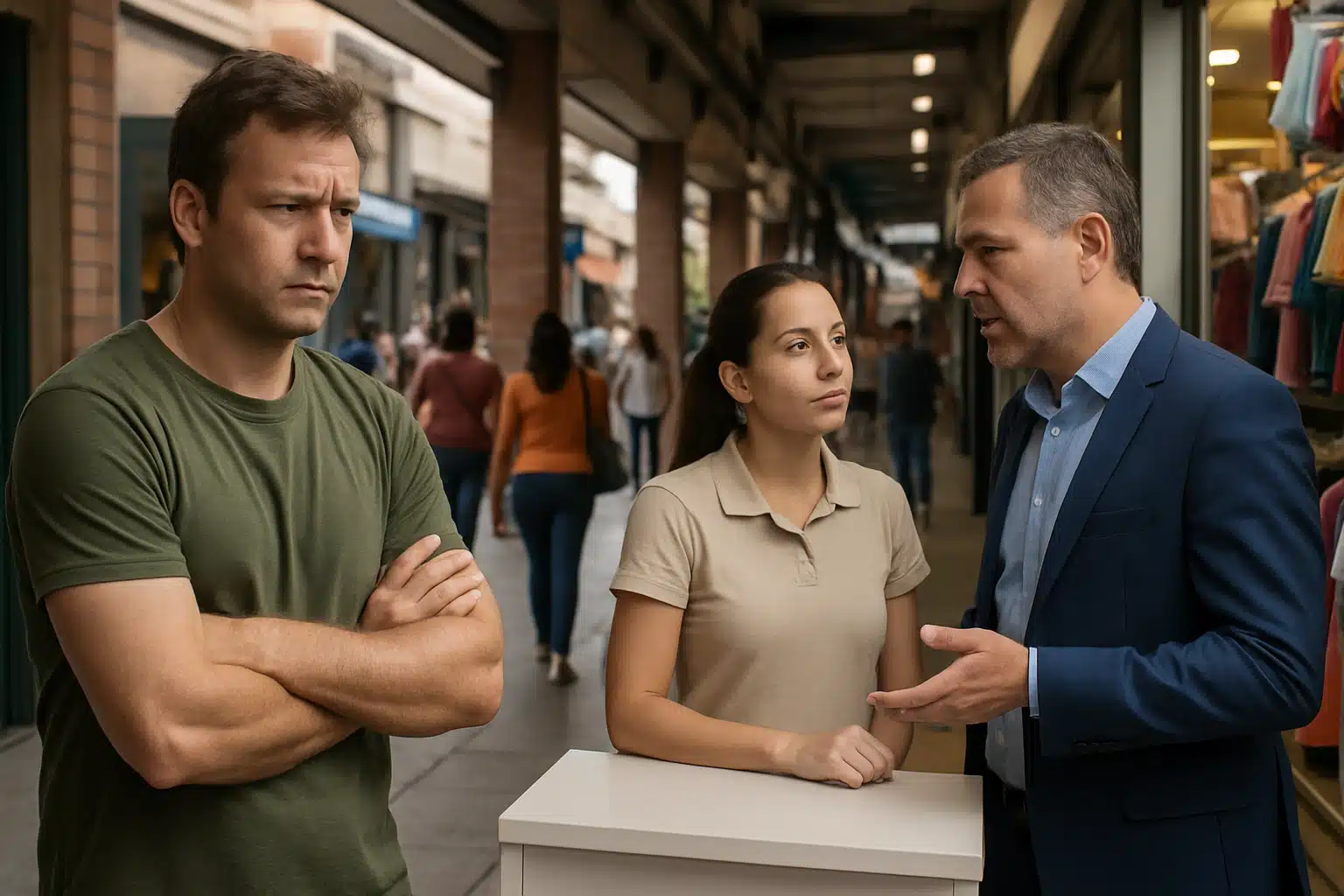 Trabalhadores e gestor discutindo regra de trabalho aos domingos Três pessoas conversando em galeria comercial, duas com expressão séria e uma gesticulando