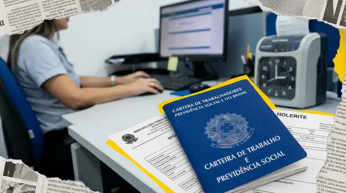Carteira de trabalho sobre documentos em ambiente de escritório no Carnaval. Carteira de trabalho ao lado de holerite em mesa de escritório com pessoa ao fundo digitando.