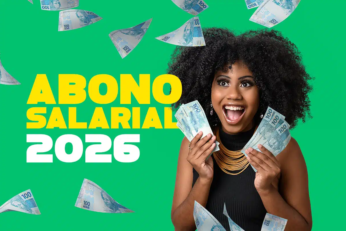 Jovem sorridente recebe valores antecipados do abono salarial 2026 Mulher segurando notas de R$100 com expressão feliz, rodeada por dinheiro ao fundo verde