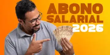 Homem sorridente segurando notas de cinquenta reais com o texto 'Abono Salarial 2026' ao fundo