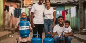 Grupo familiar sorrindo com botijões do Gás do Povo em área residencial simples